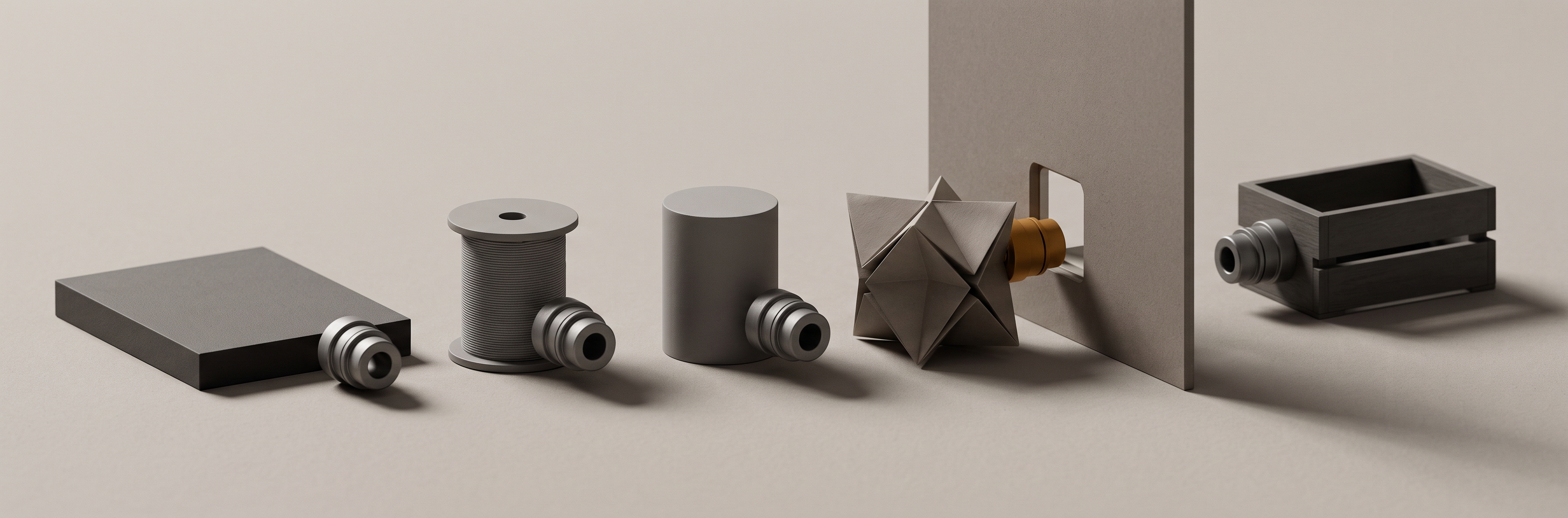 Five differently shaped objects, each fitted with a matching grey coupling, arranged in a row facing one open port.