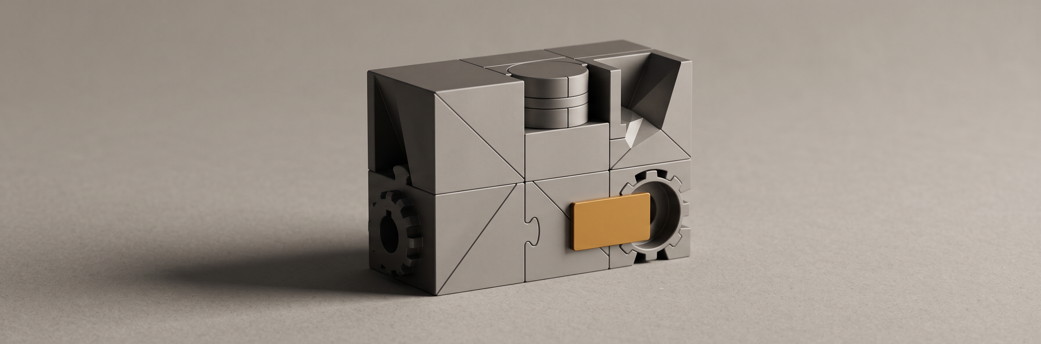 Eight machined grey parts of different shapes joined together into one seamless block, with visible seams between them.
